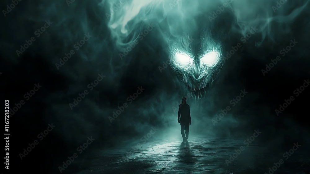 Fototapeta premium Man Facing a Spectral Entity in a Dark and Mysterious Landscape