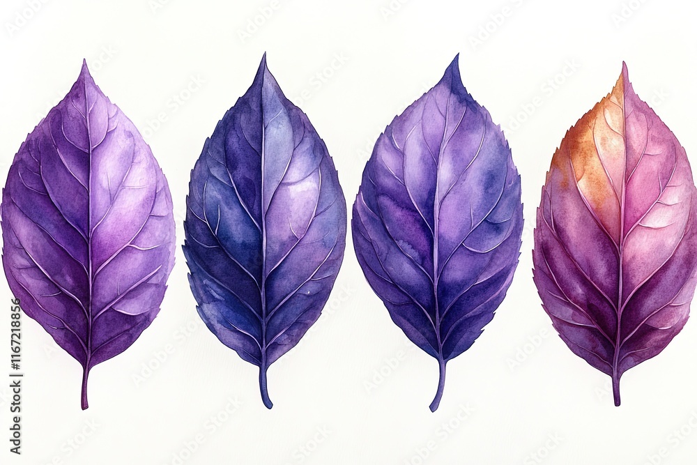 Obraz premium A watercolor illustration of four colorful leaves in varying shades of purple and orange.