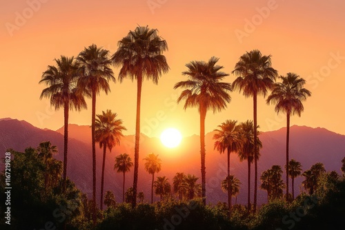 Sunset Landscape with Palm Trees and Desert Mountains in Palm Springs California