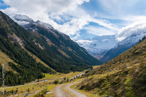 Canvas Print Alpine river with snowy mountains and forest in the Krimmler Achental, Austria