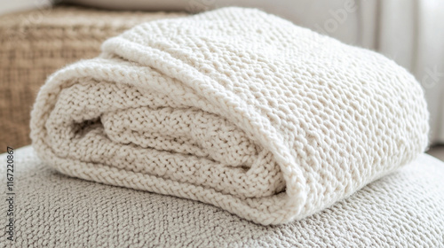 A detailed image of a soft, hand-knitted baby blanket folded on a light-colored ottoman.