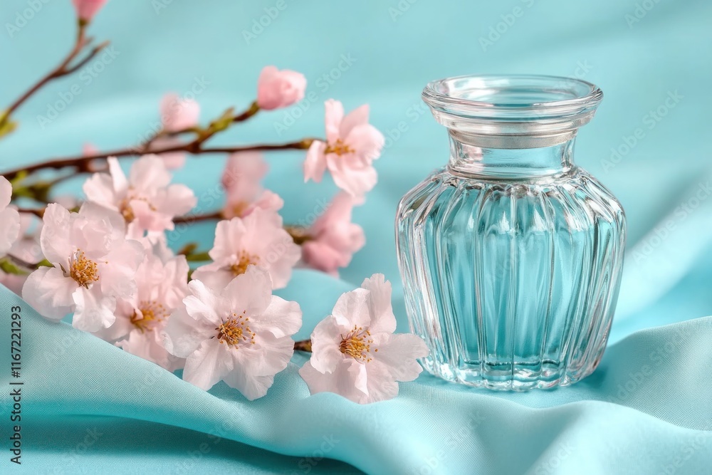 Capture the essence of motherhood with a delicate Mothers Day gift, a beautiful glass perfume bottle gently resting on a soft velvet cloth, complemented by blooming cherry blossoms, symbolizing love Capture the essence of motherhood with a delicate Mothers Day gift, a beautiful glass perfume bottle gently resting on a soft velvet cloth, complemented by blooming cherry blossoms, symbolizing love