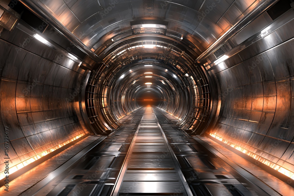 Futuristic Metal Tunnel Corridor With Orange Lights Futuristic Metal Tunnel Corridor With Orange Lights