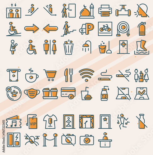 Set of vector icons representing wayfinding symbols for concerts including arrows signs and maps