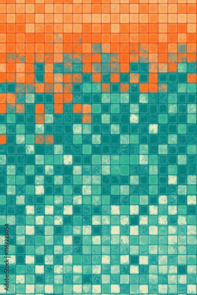Gradient with bold teal and burnt orange pixels creating a striking retro contrast. Gradient with bold teal and burnt orange pixels creating a striking retro contrast.