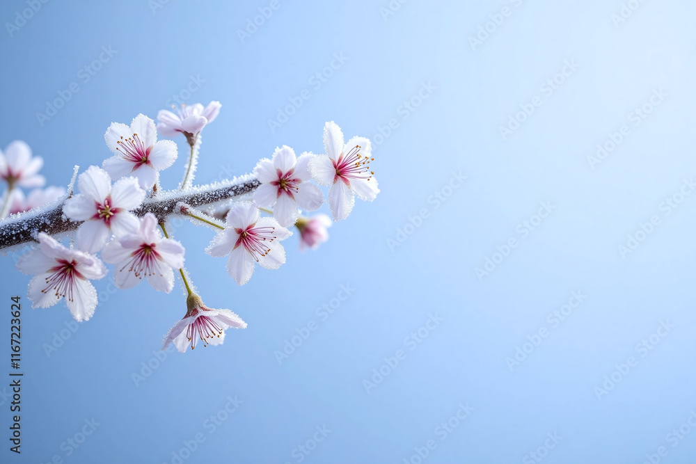 Frost covered cherry blossom branch with white and pink blossoms Frost covered cherry blossom branch with white and pink blossoms