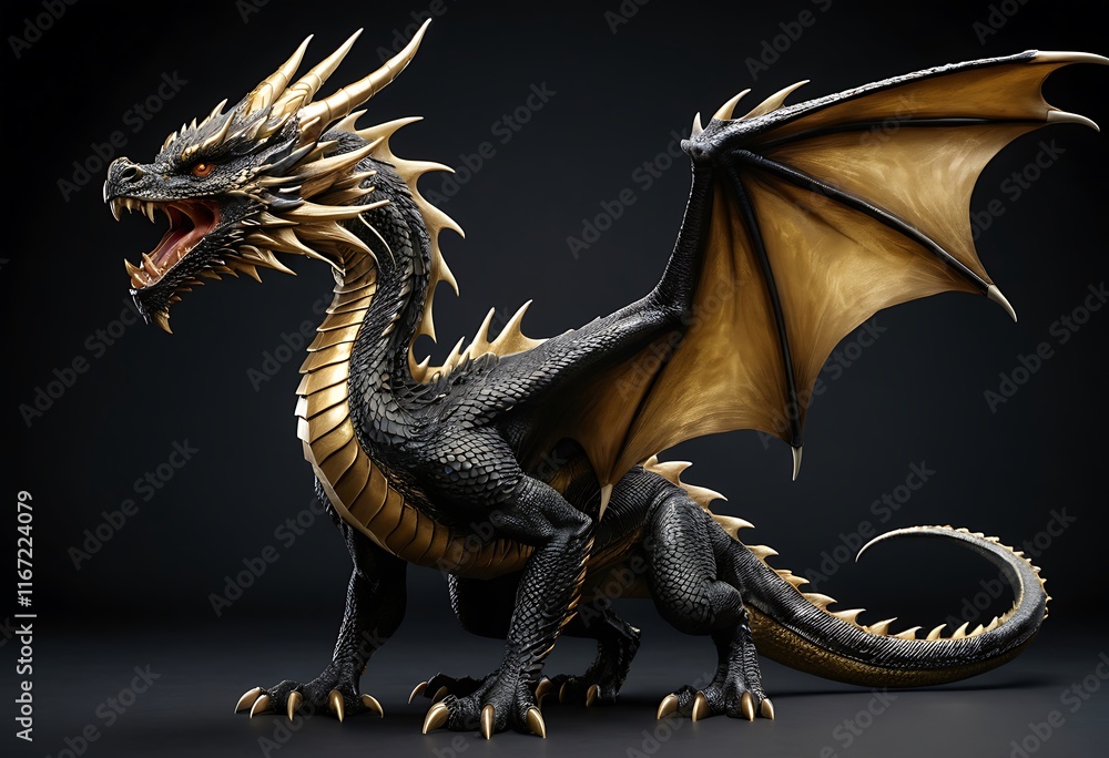 Obraz premium Majestic Black Dragon with Golden Accents. Generative AI