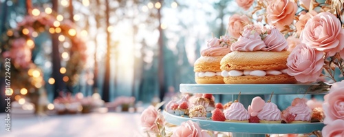 Celebrate Mother's Day with a charming backyard party This image features heartfelt decorations such as fairy lights and flower wreaths, alongside a beautifully decorated dessert table The scene is photo