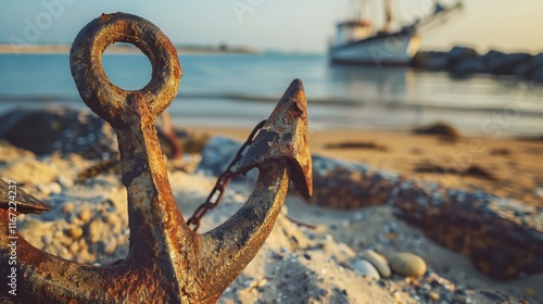 Close-up of a rusted anchor with visible cracks and wear resting on a sandy beach, symbolizing damage and neglect. Maritime and nautical themes, aging and decay concepts.	 photo