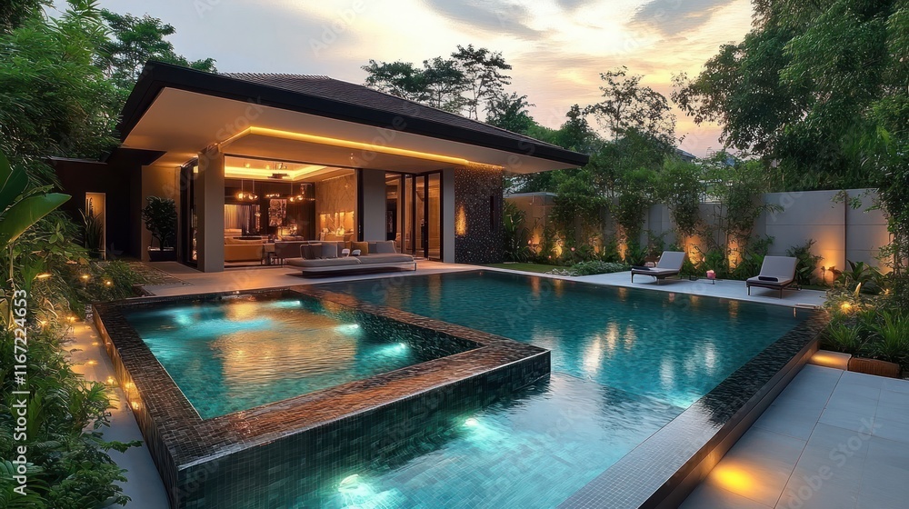Luxury Modern Private Villa Swimming Pool Design with Landscaped Gardens and Ambient Lighting Luxury Modern Private Villa Swimming Pool Design with Landscaped Gardens and Ambient Lighting