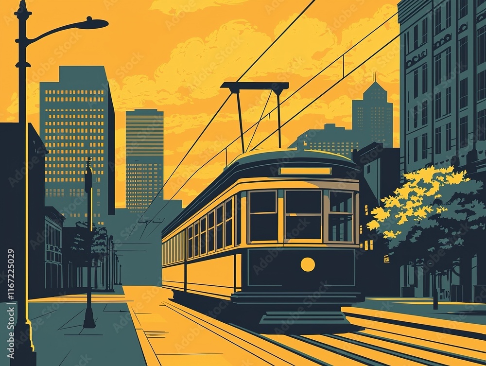 Obraz premium A vibrant illustration of a tram passing through a cityscape at sunset, featuring tall buildings and a warm yellow-orange sky.