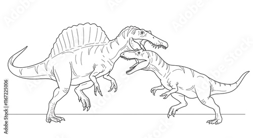 Fototapeta Naklejka Na Ścianę i Meble -  Detailed prehistoric dinosaur illustration.  Extinct animals, outlined drawing.  Vector coloring.