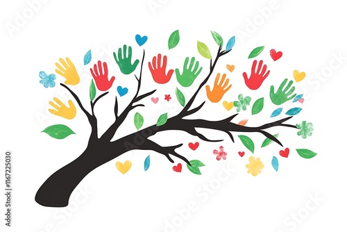 Tree with child handprints. Colorful kid handprints.