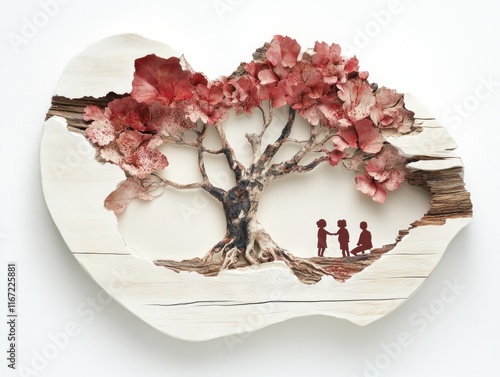 Discover the beauty of a symbolic Mothers Day family scene, with a tree of life motif representing growth and unity This art piece showcases family bonds and connections through creative materials photo