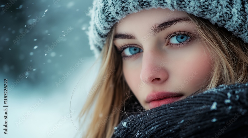 A woman with blue eyes and blonde hair is wearing a hat and scarf A woman with blue eyes and blonde hair is wearing a hat and scarf