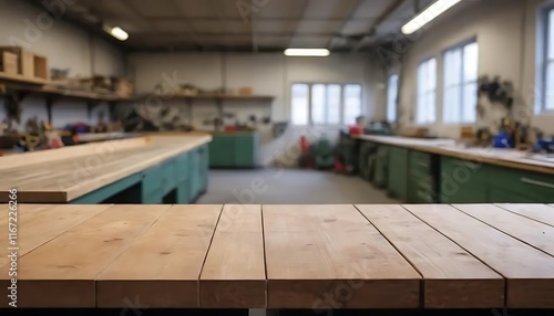 Wallpaper Mural An empty wooden tabletop with a blurred background of tool rooms, An empty wooden tabletop with a blurred background of tool rooms Torontodigital.ca