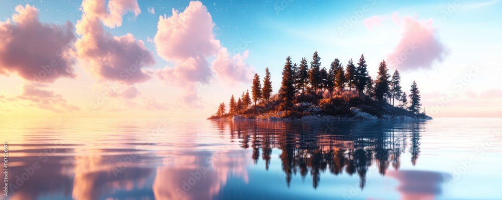 Obraz premium Enchanting Island Sunset with Reflective Water, a serene landscape perfect for meditation, showing a celestial-inspired Mother's Day illustration, where constellations form family portraits shining