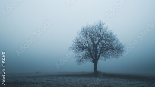 A tree stands alone in a foggy field. The sky is overcast and the air is chilly