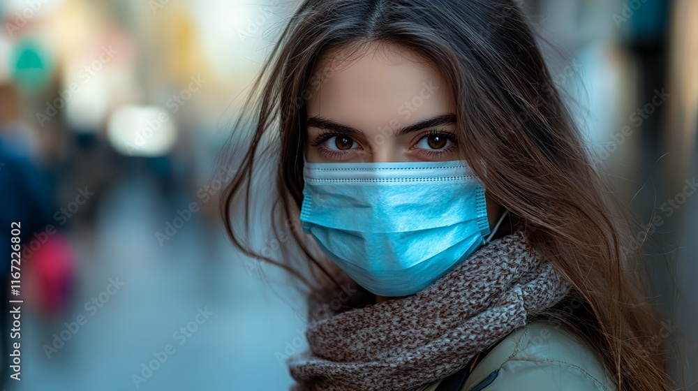 a woman wearing a face mask and scarf on a city street with people walking by in the background