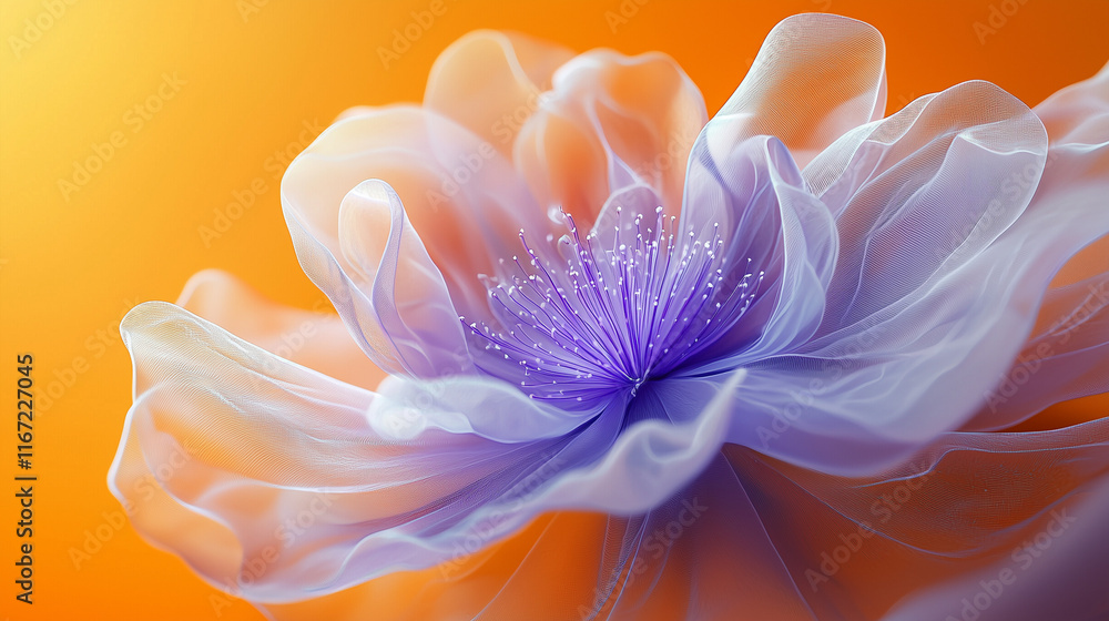 Fototapeta premium Close-up view of a delicate purple flower with translucent petals against a warm orange background. The image showcases the flower's soft texture and elegant form.