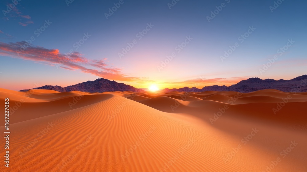 Naklejka premium Serene desert landscape at sunset with gentle sand dunes.