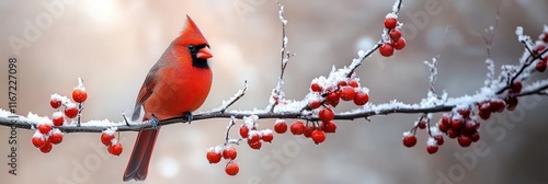 Winter Red Cardinal Bird on Snow Covered Branch with Red Berries in Classic Oil Painting Style for Holiday Season
