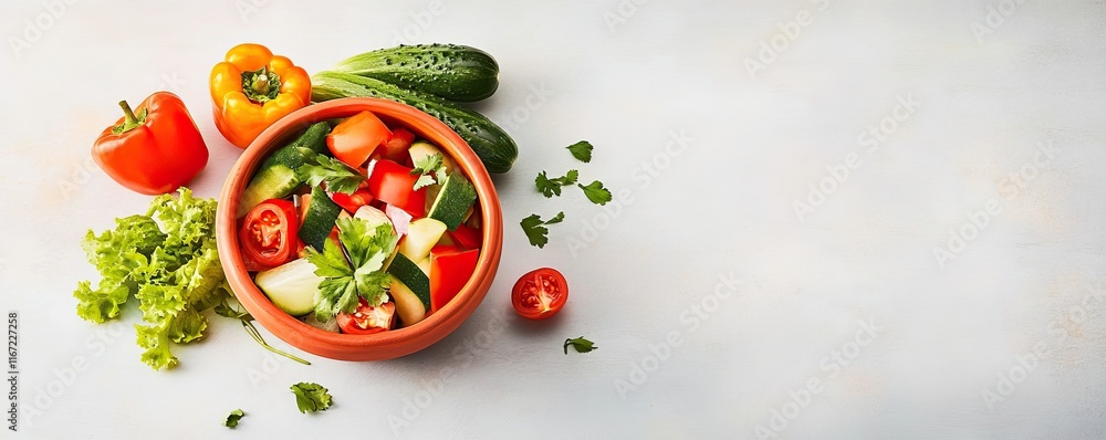 A colorful salad with fresh vegetables including cucumbers, tomatoes, and peppers in a bowl, surrounded by vibrant greens. A colorful salad with fresh vegetables including cucumbers, tomatoes, and peppers in a bowl, surrounded by vibrant greens.