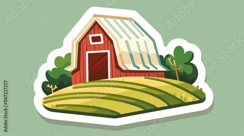 Modern White Farming Icon Sticker with Barn for Livestock, Conceptual Farm Animals Symbol