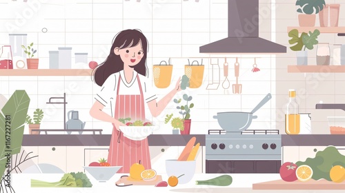 Professional Woman Cooking at Kitchen. Young Girl in Pink Apron.