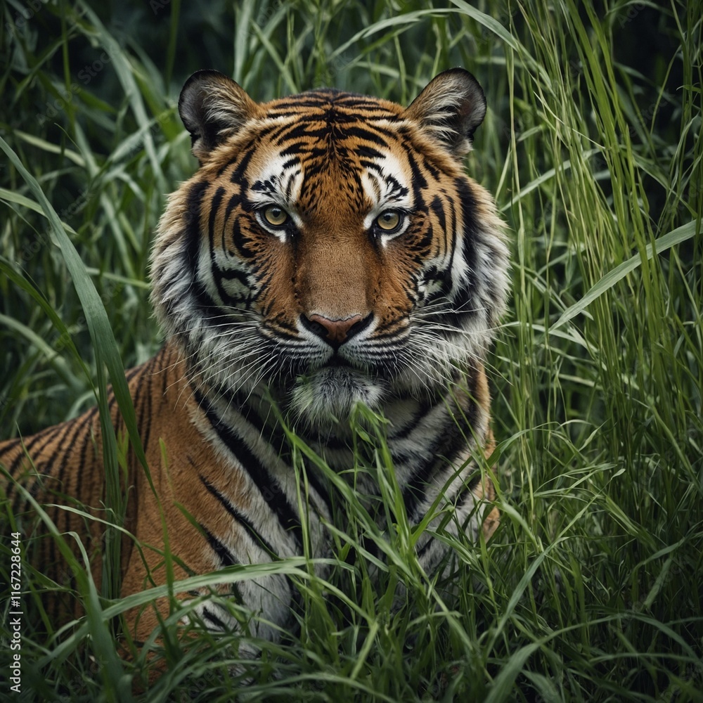 Obraz premium A tiger camouflaged in tall grass, with a dense jungle background.
