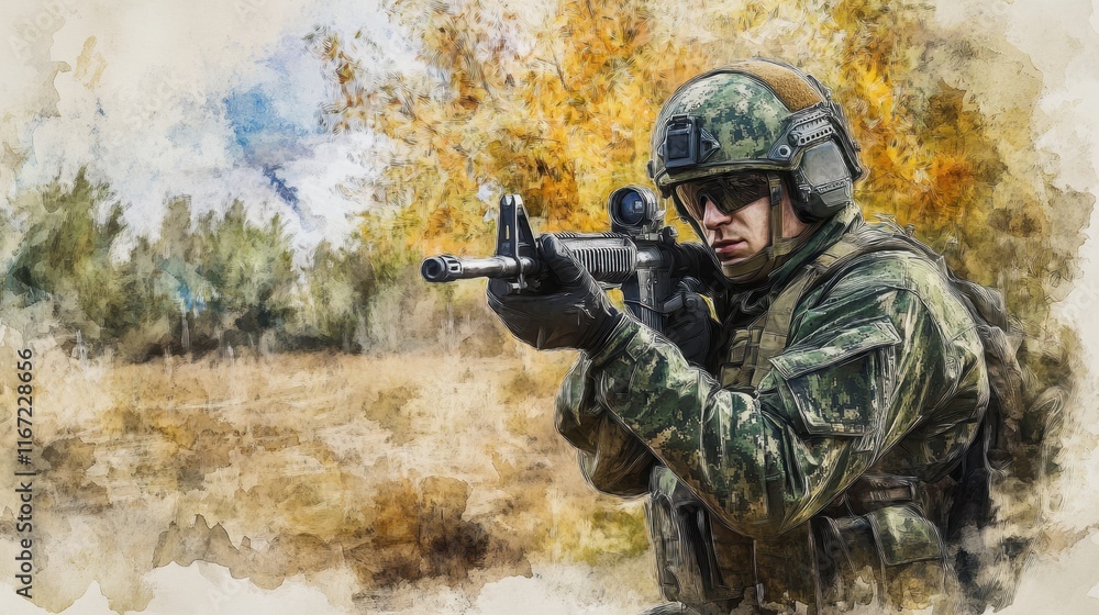Fototapeta premium Army sniper during the military operation in the mountain. war 