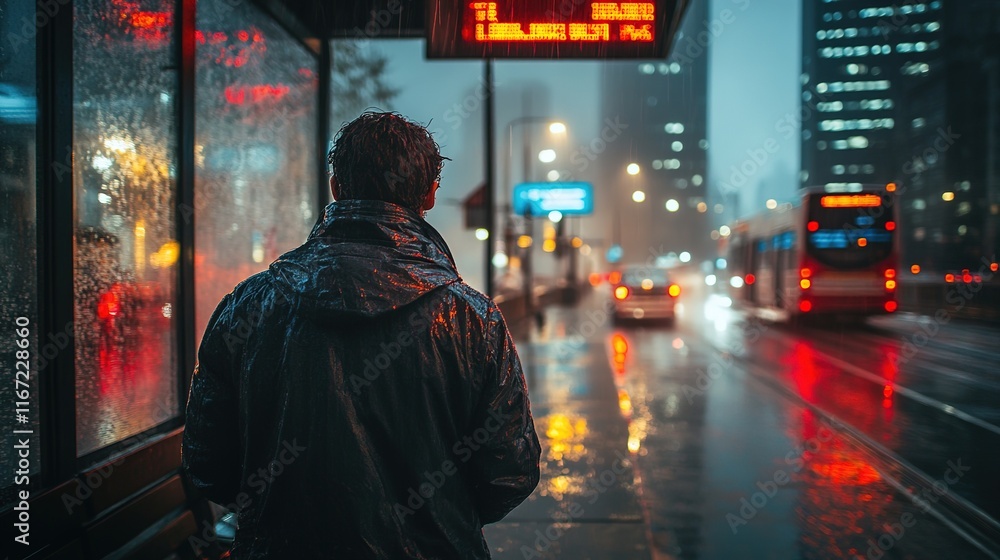 Young male in rainy urban night scene with city lights and reflections Young male in rainy urban night scene with city lights and reflections
