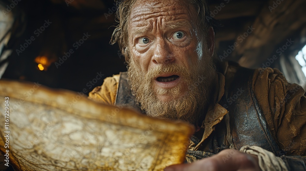 Surprised pirate male adventurer examining ancient map in dimly lit room Surprised pirate male adventurer examining ancient map in dimly lit room