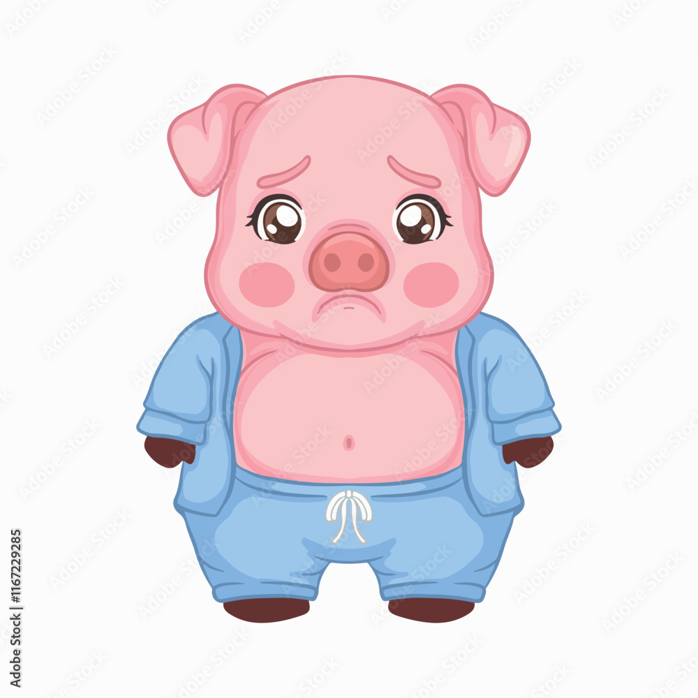 Fototapeta premium illustration art cute fat chubby pig sulky wearing blue pajamas sticker and t-shirt design