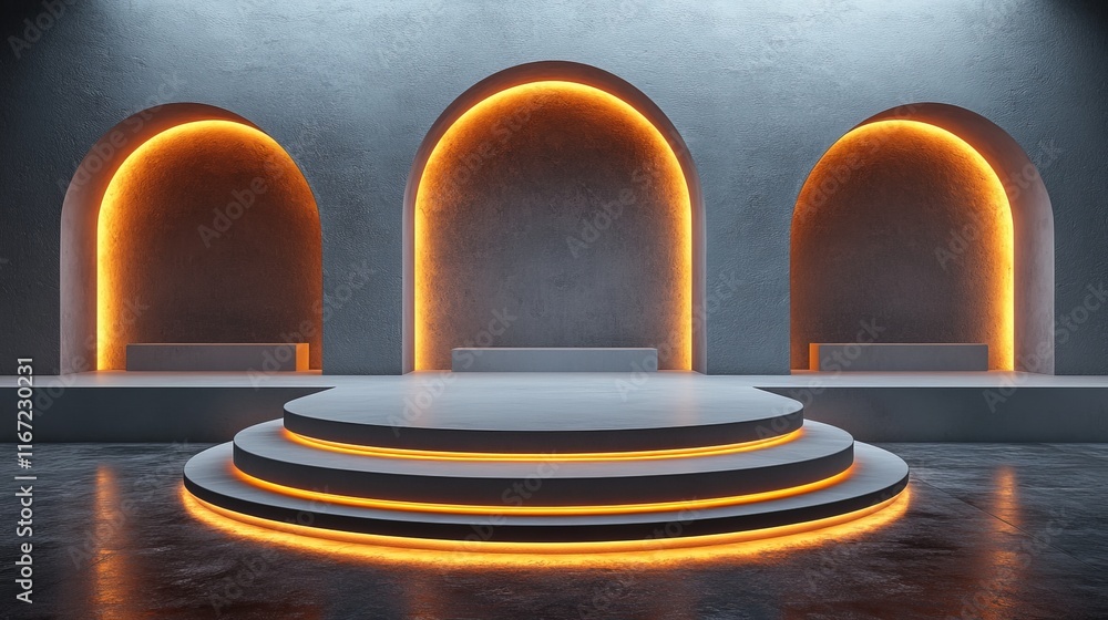 Minimalistic black and white background with three podiums, an arch in the center, glass elements, and light lines on the wall, created with 3D rendering for modern design and artistic presentations. Minimalistic black and white background with three podiums, an arch in the center, glass elements, and light lines on the wall, created with 3D rendering for modern design and artistic presentations.