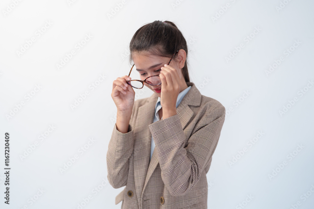 Beautiful asian young Business woman with eyeglasses smiling on a white background Beautiful asian young Business woman with eyeglasses smiling on a white background