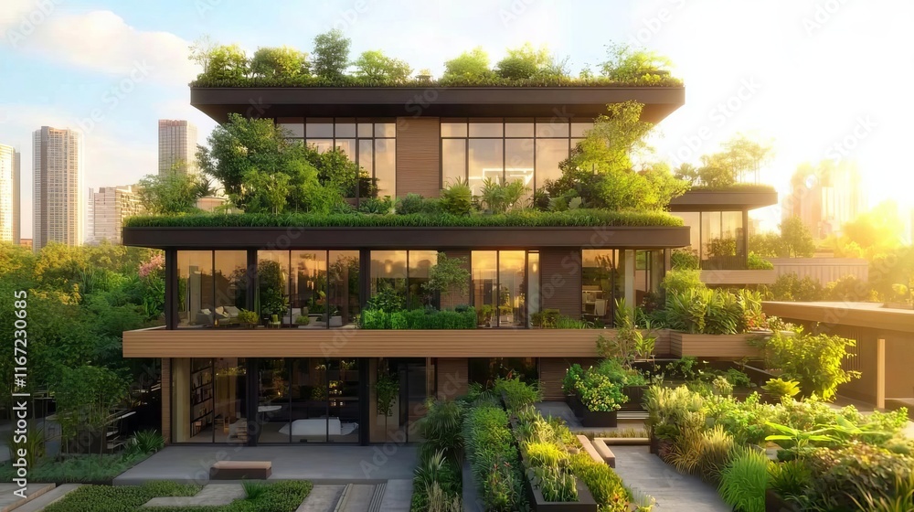 Biophilic design urban minimalism concept. Modern eco-friendly building surrounded by lush greenery and sunlight. Biophilic design urban minimalism concept. Modern eco-friendly building surrounded by lush greenery and sunlight.