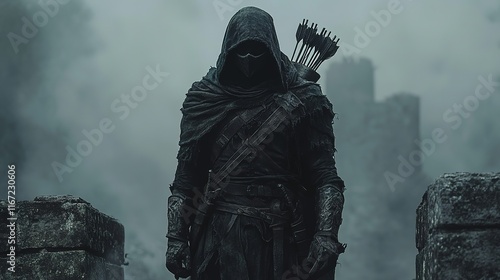 Mysterious hooded figure with arrows in a misty fortress