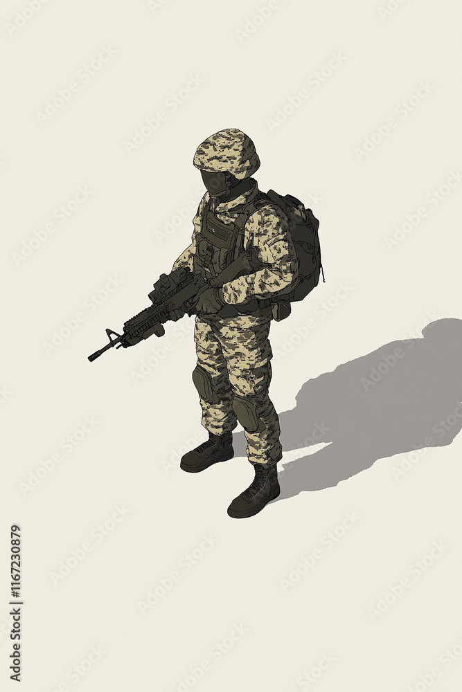 Isometric view of a soldier in camouflage holding a rifle. Isometric view of a soldier in camouflage holding a rifle.