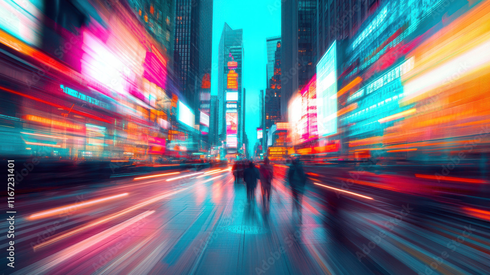 long exposure captures bustling urban street with vibrant neon lights and blurred motion, creating dynamic and energetic cityscape. colorful lights and fast paced movement convey essence of city long exposure captures bustling urban street with vibrant neon lights and blurred motion, creating dynamic and energetic cityscape. colorful lights and fast paced movement convey essence of city