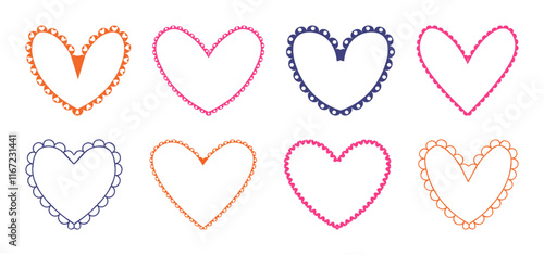 Valentine Scalloped edge heart shapes set. hand drawn vintage frill ornament. Fabric laces and ribbons frame. Heart shape frame badge set.