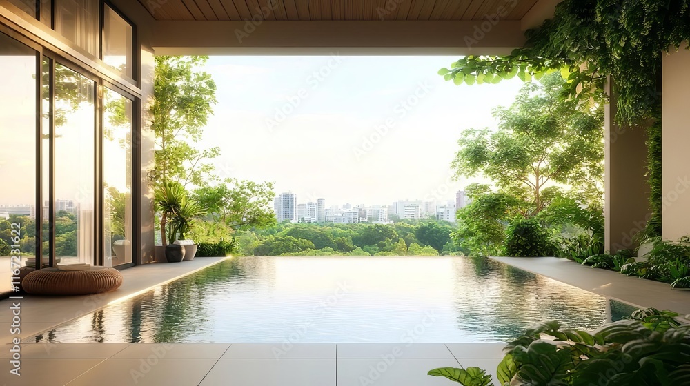 Biophilic design urban minimalism concept. Modern pool with a scenic view surrounded by lush greenery. Biophilic design urban minimalism concept. Modern pool with a scenic view surrounded by lush greenery.