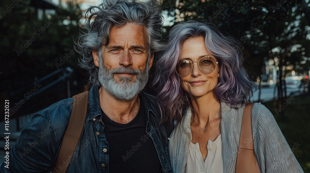 Attractive Couple Portrait: Gray Hair, Purple Highlights, and City Street Style Attractive Couple Portrait: Gray Hair, Purple Highlights, and City Street Style