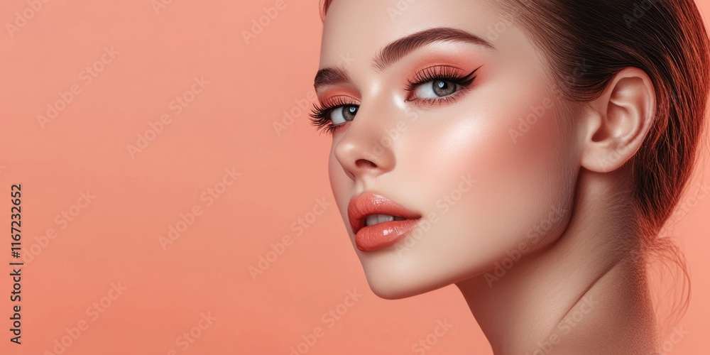 A woman displays elegant makeup with defined eyes and smooth skin, set against a pastel coral backdrop that enhances her beauty and features A woman displays elegant makeup with defined eyes and smooth skin, set against a pastel coral backdrop that enhances her beauty and features