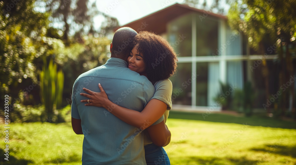 Fototapeta premium Heartfelt embrace of a couple in front of a modern home surrounded by greenery, ideal for real estate promotions, family-oriented campaigns, homeownership advertisements, and lifestyle branding visual