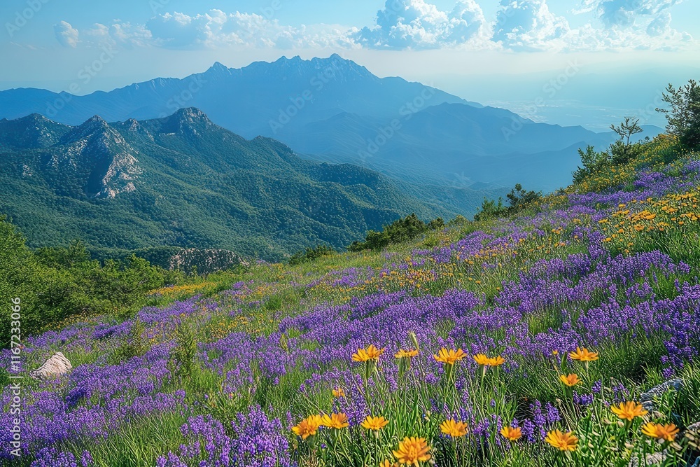 Fototapeta premium breathtaking mountain landscape showcasing vast ranges under a clear blue sky dotted with blooming grasslands exuding tranquility and the beauty of nature in full spring bloom