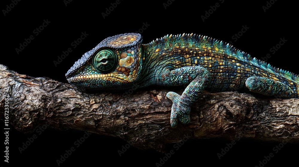 Fototapeta premium Vibrant Chameleon Resting on Dark Wood Branch