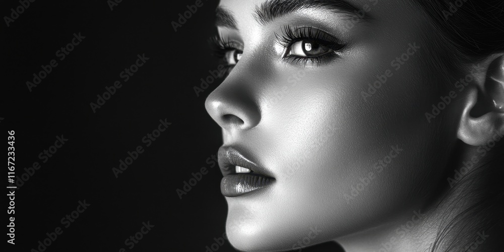 This striking black and white portrait showcases a woman's profile, drawing attention to her sculpted cheekbones and captivating eyes against a dark background This striking black and white portrait showcases a woman's profile, drawing attention to her sculpted cheekbones and captivating eyes against a dark background