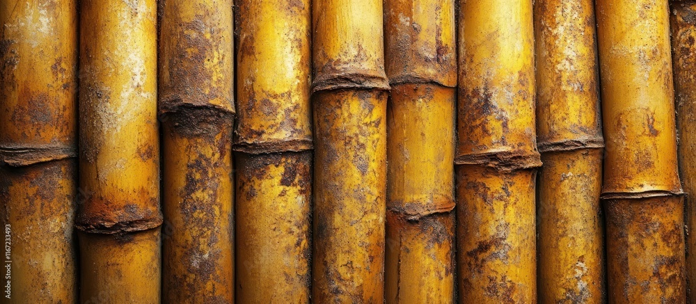 Close up view of old weathered and rugged bamboo stalks forming a natural organic and textured background with a rustic earthy and raw appearance Close up view of old weathered and rugged bamboo stalks forming a natural organic and textured background with a rustic earthy and raw appearance