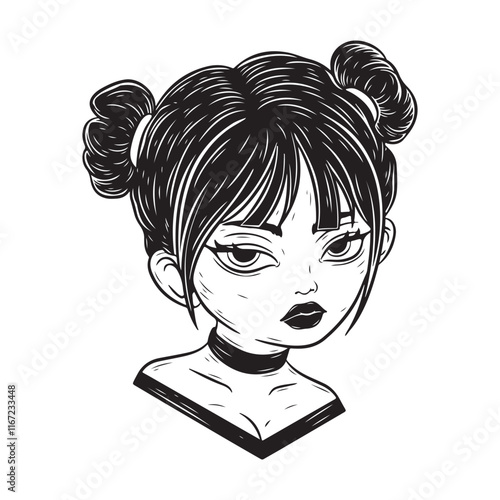 illustration art girl with pig tail bun and engraving monochrome style tattoo and t-shirt design